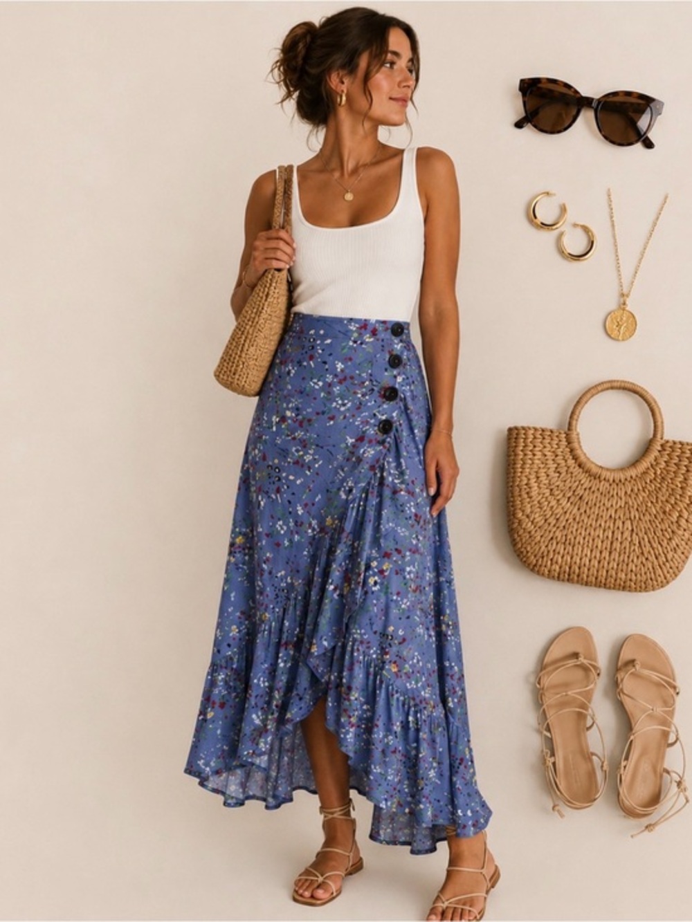 ASOS Floral Ruffle Hi Lo Midi Skirt Sz 14